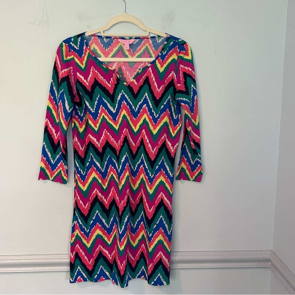Lilly Pulitzer Gretchen Multicolor Chevron 100% Cotton 3/4 Sleeve Mini Dress XS